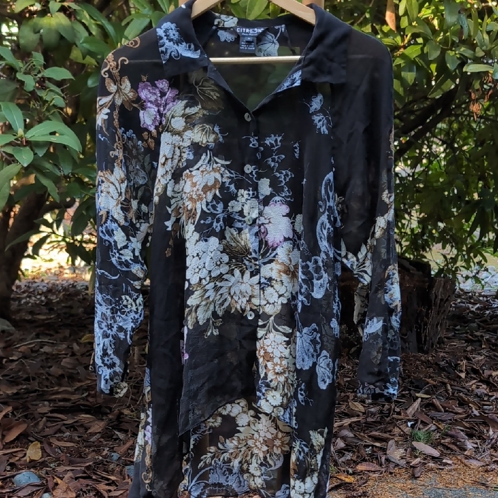 Vintage 100% Silk Citron Black Floral Sheer Whimsigoth Blouse